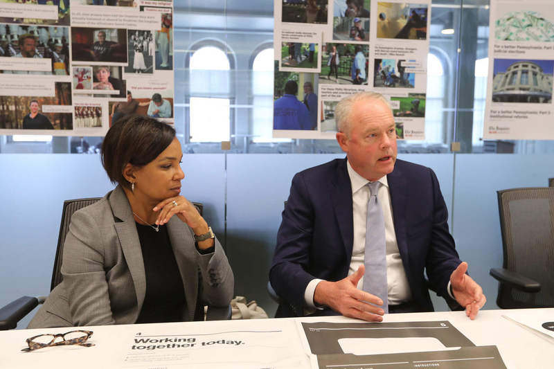 Starbucks CEO Kevin Johnson and COO Rosalind Brewer visited the Philadelphia newsroom Tuesday as the chain closed its stores for unconscious bias training.